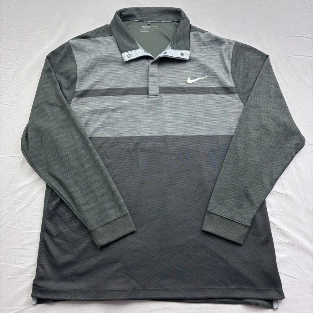 Nike Golf Dri-FIT Long Sleeve Polo Shirt Mens 2XL Gray Black Stripe Athletic